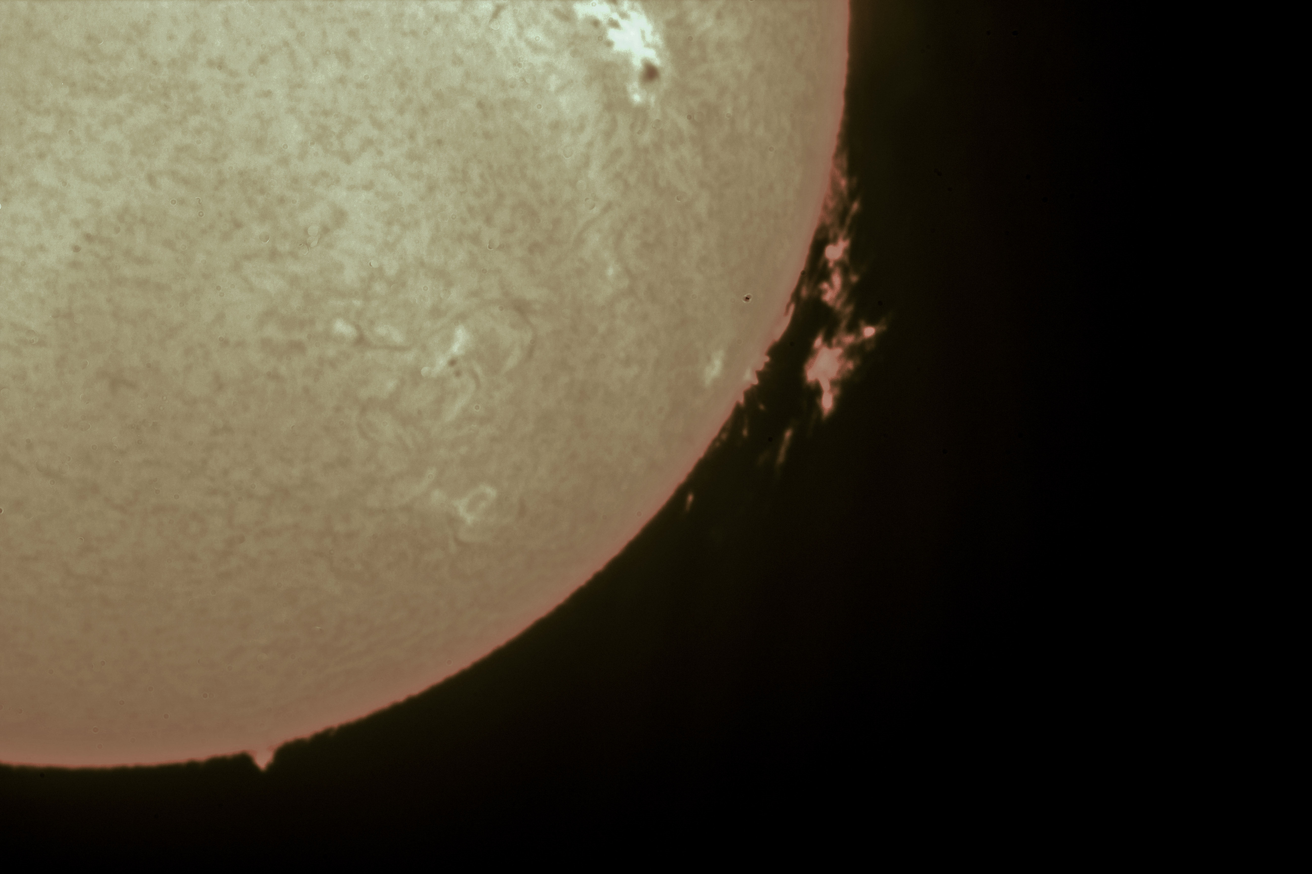Prominence by Tony Hayes.  29/09/15 12.41pm.  Canon EOS1200d, 1/2 second  ISO-100.  Taken through Lunt 35MM H-A Telescope. with two 2X Barlows atached. Photoshop to adjust brightness, contrast and colour filters.